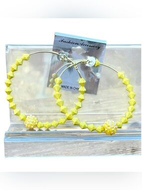 Yellow Beaded XL Hoop Earrings with Rhinestone Accent